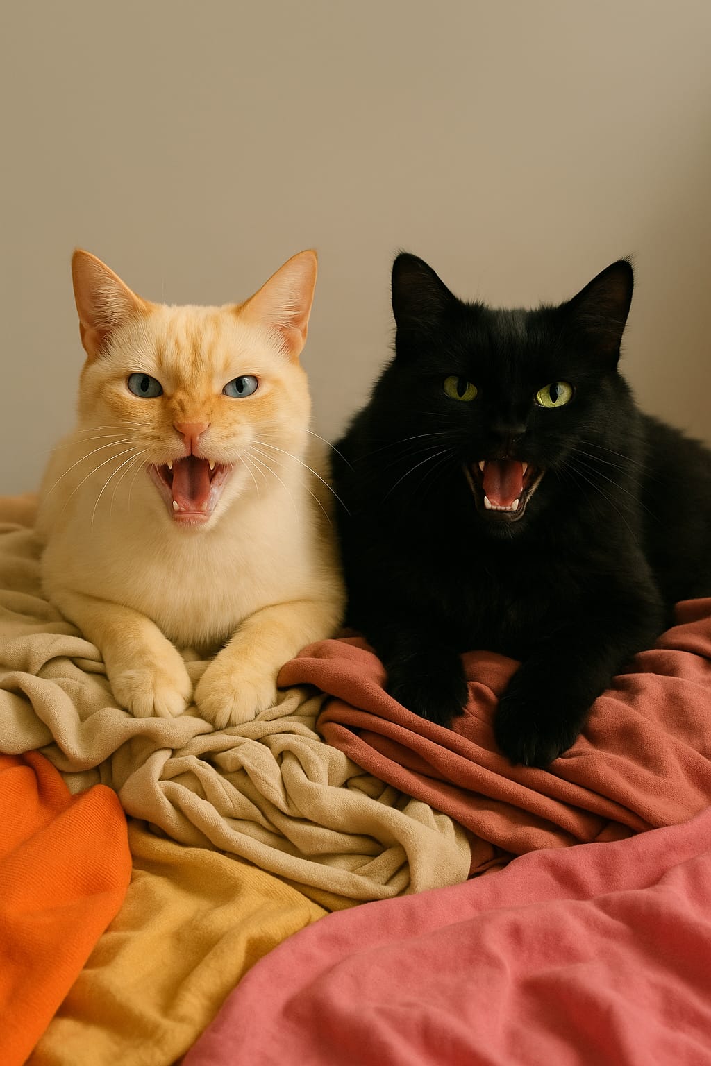 Dos gatos sobre mantas de colores